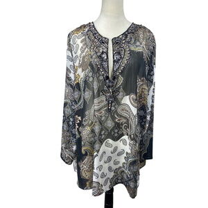 NY Collection Woman‎ Paisley Tunic Top Embellished Sheer Blouse 2X Boho